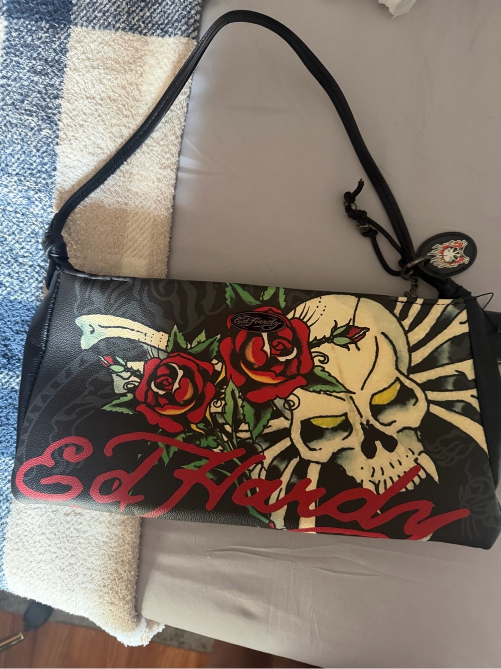 Ed Hardy Black Shoulder Bag with Red Roses & Cream Skull